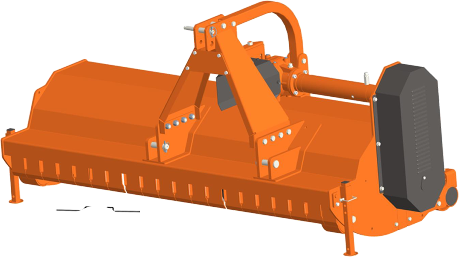 Orange industrial snow blower attachment with black cover at the front and orange framework.