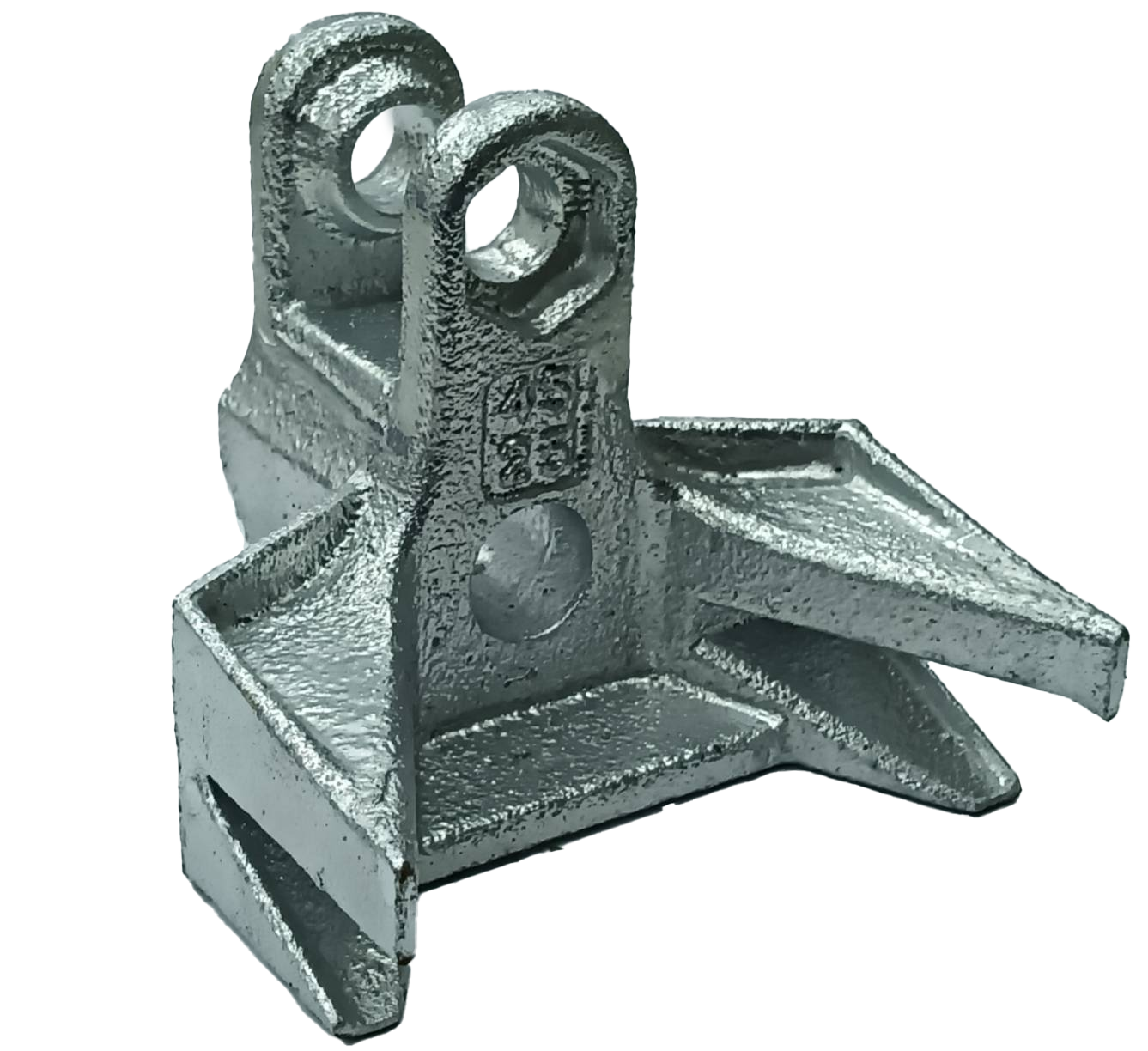 A metallic mechanical component with connected parts, including two circular openings, a rectangular base, and an arm-like extension.