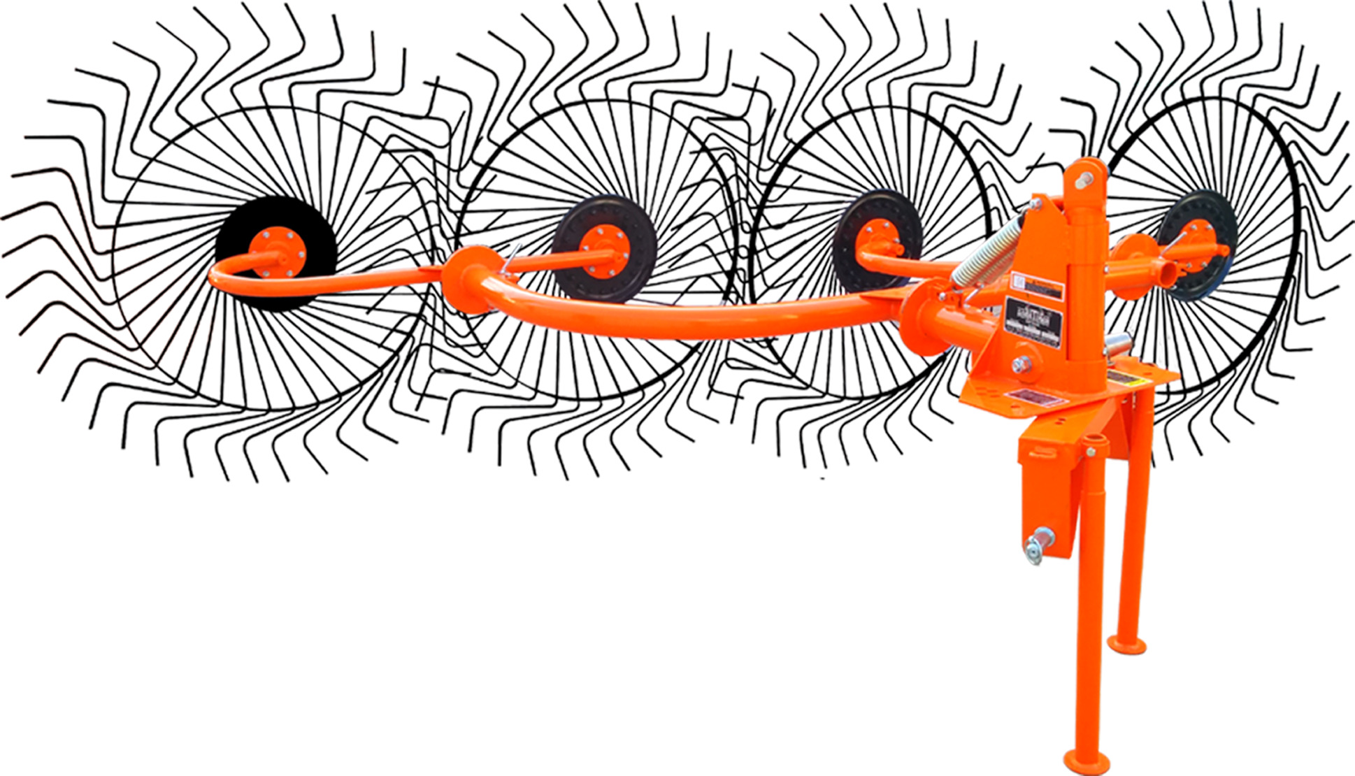 Orange seedling tree planter with wheels and hydraulic mechanisms against a distorted background.