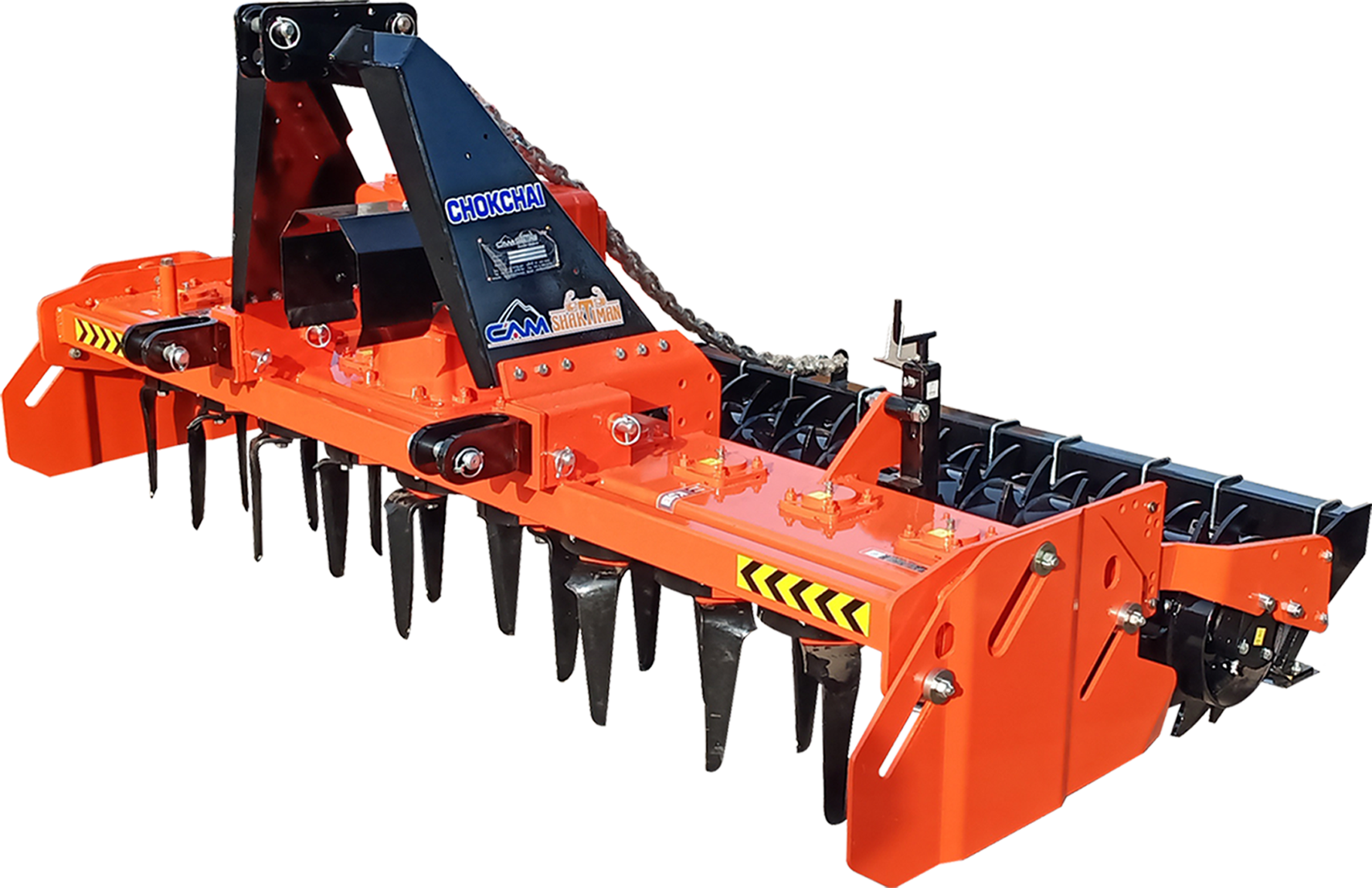 Orange agricultural tillage equipment with black blades and a black chain, labeled with blue and white stickers, designed for soil cultivation.