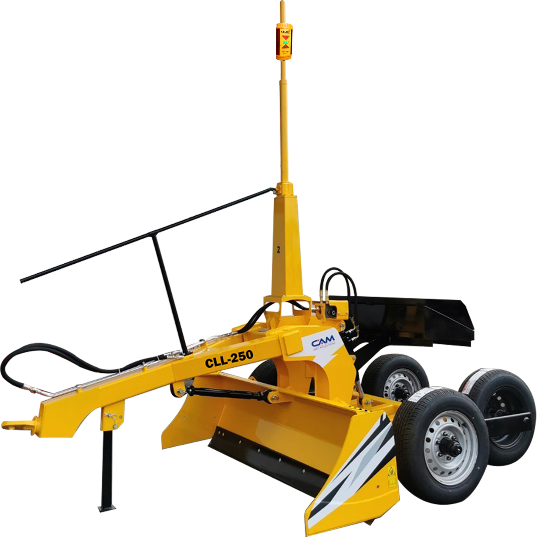 A yellow road maintenance machine called CLL-250 with black and white striped safety markings on the front, four wheels, and a hydraulic arm with a blade attached, used for road repair and construction.