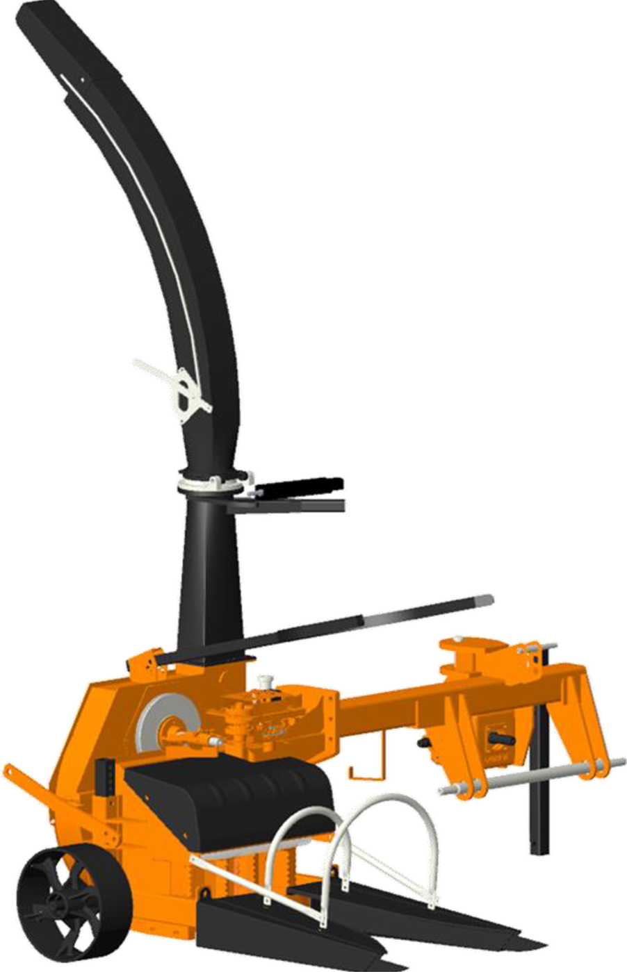 A robotic snowblower with orange and black components, large black tires, and a tall black chute for blowing snow.