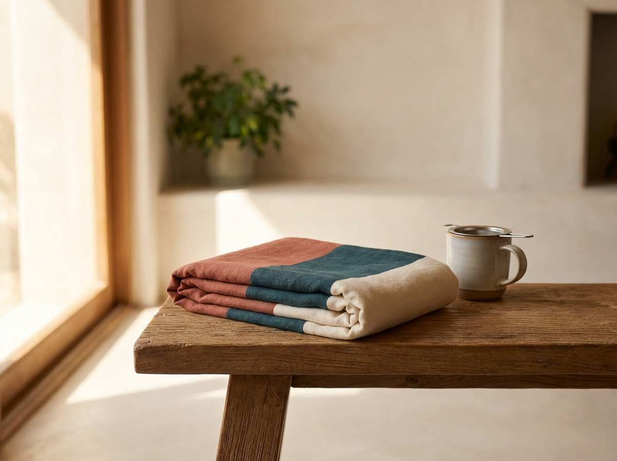 A folded multicolored blanket and a mug with a metal spoon are on a wooden table near a window with sunlight.