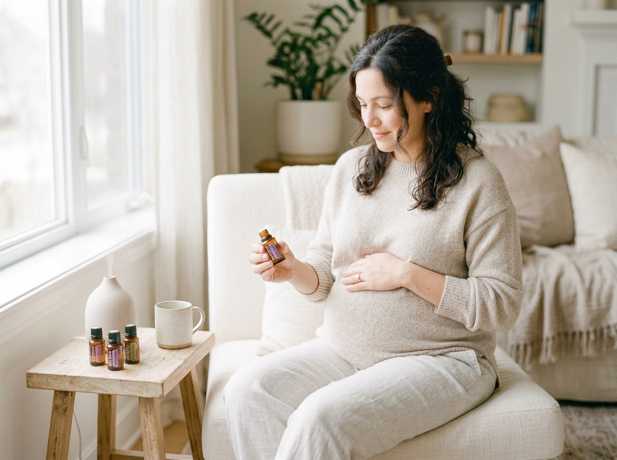 Pregnant woman holding an essential oil bottle while resting her hand on her belly.