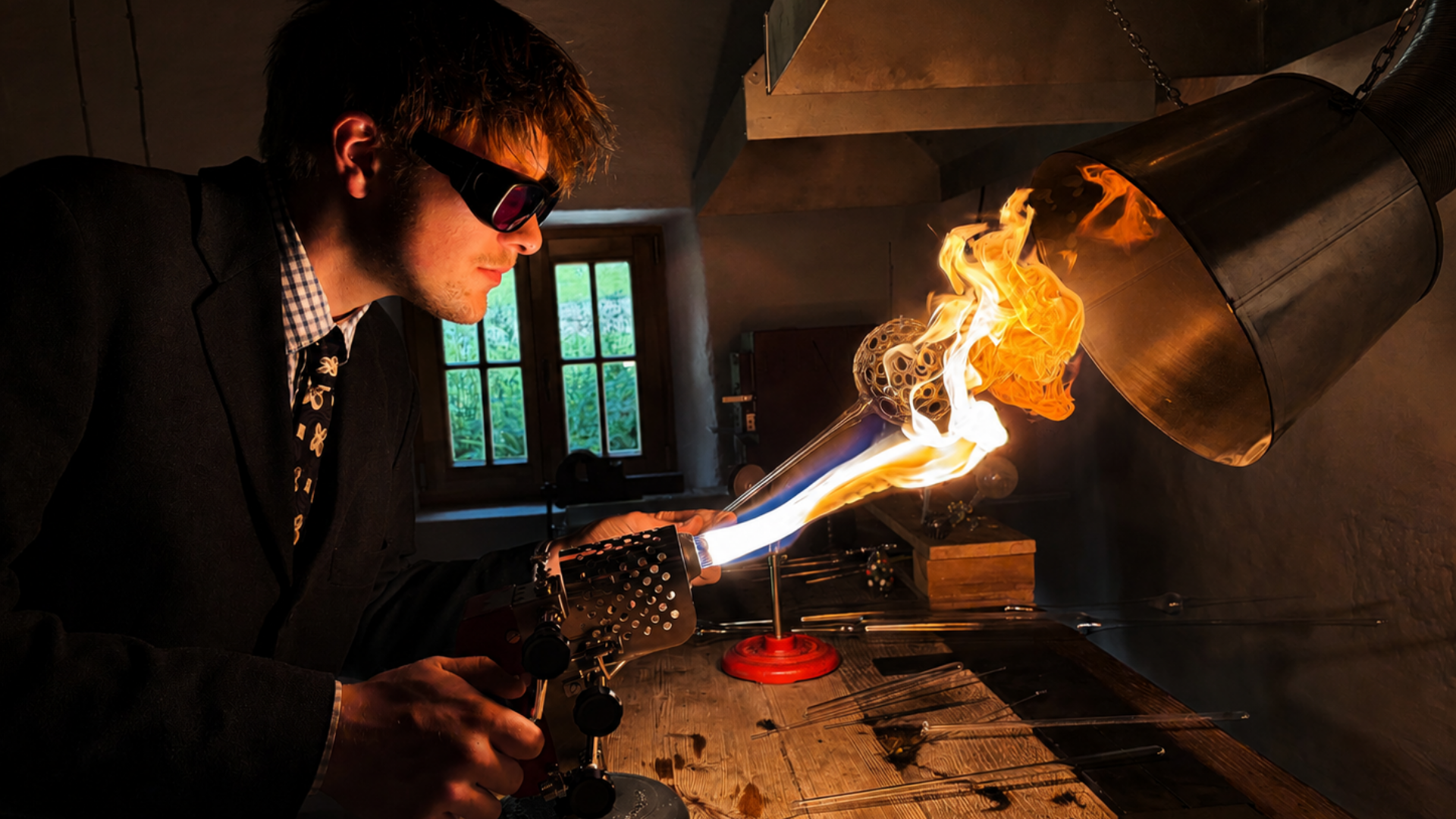 Joshua Beck von Studio Joshi beim Glasblasen mit Borosilikatglas am Brenner in seiner Werkstatt