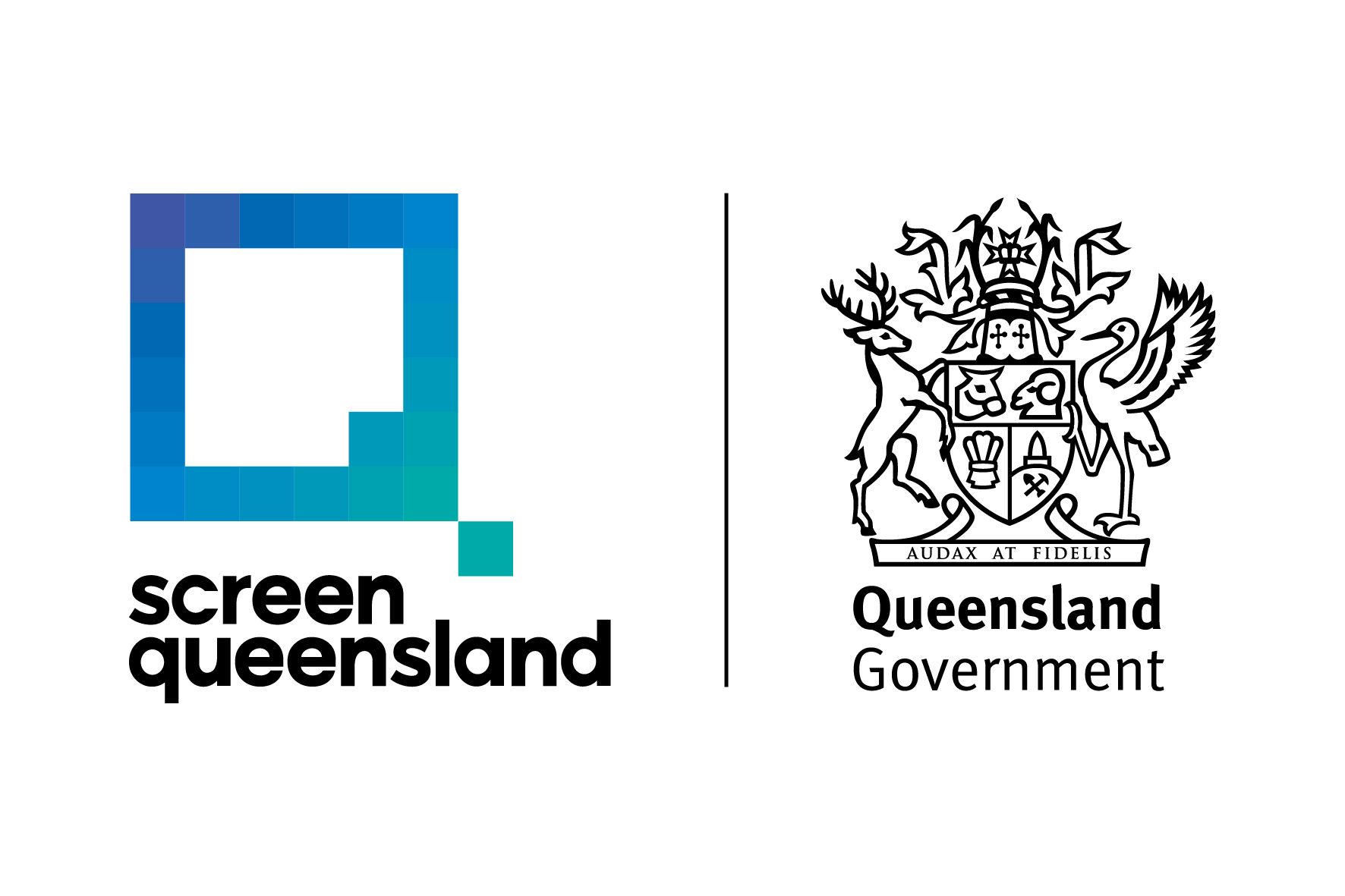 Logo of Screen Queensland on the left with a pixelated blue square graphic and bold black text, and the Queensland Government coat of arms on the right with the motto 'Audax At Fidelis' and bold black text indicating 'Queensland Government'.