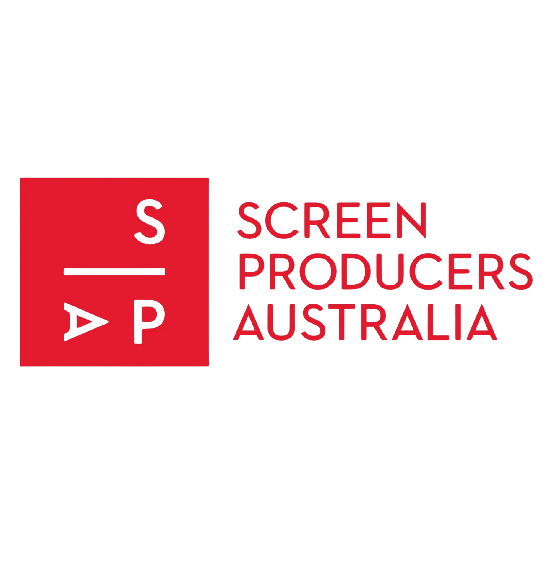Red square with a white play button icon on it and the words 'SCREEN PRODUCER AUSTRALIA' in red text to the right of the icon.