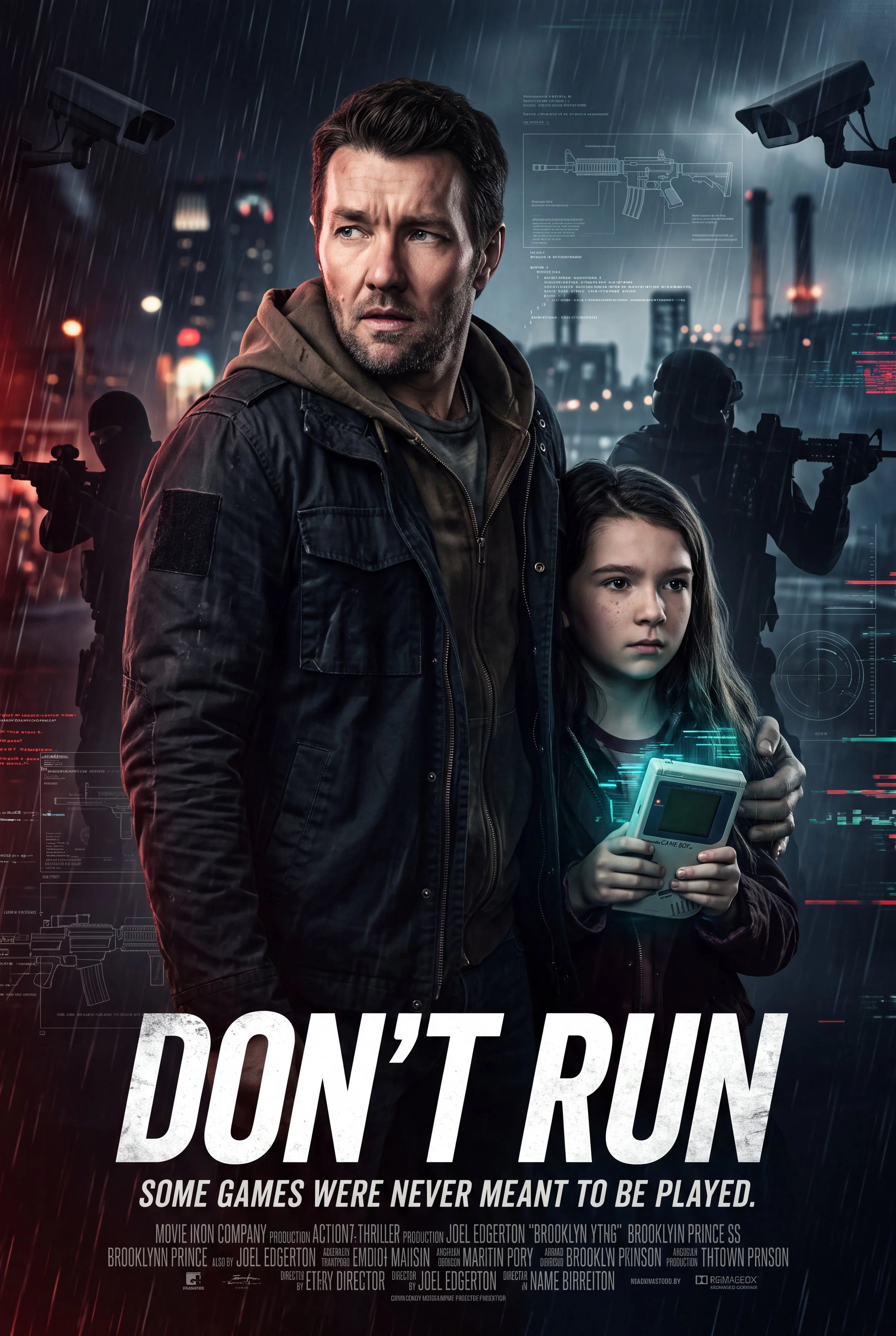 A promotional poster for a movie titled 'Don't Run' featuring a man and a young girl in rain with city lights in the background. The man has dark hair, a beard, and is wearing a black jacket. The girl has long dark hair and is holding a handheld device, with a serious expression. There are security cameras and silhouette figures with weapons in the background, and various digital interface elements overlay the image.