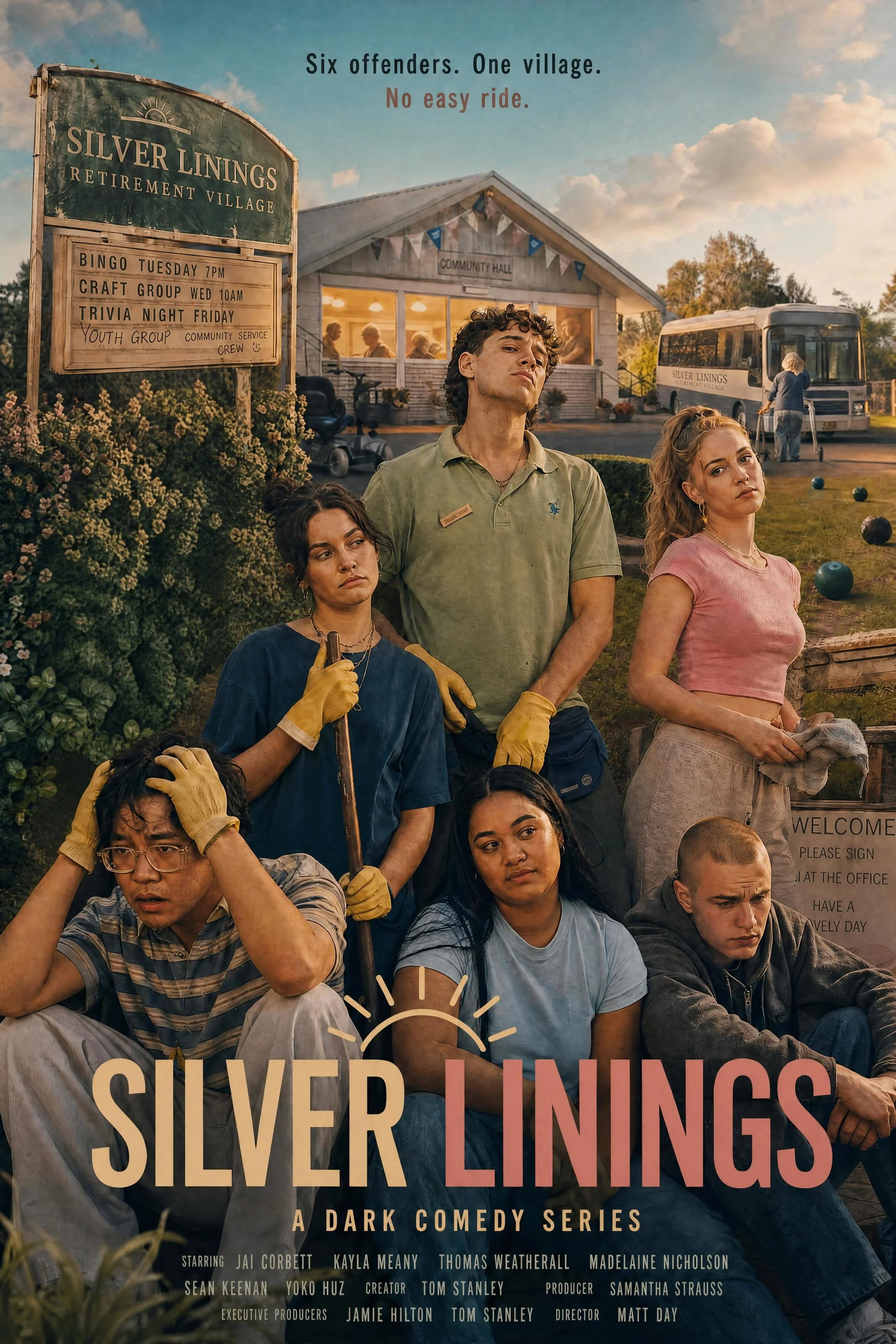 Poster for the dark comedy series 'Silver Linings', featuring a group of diverse people sitting and standing outdoors in front of a retirement village and community hall, with some looking serious and others contemplative. The poster includes text about the show and a schedule of local events at Silver Linings Retirement Village.