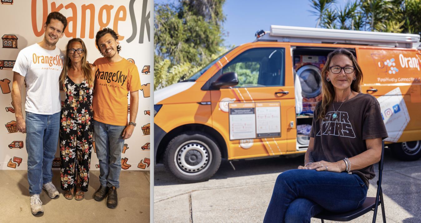 Four people standing and sitting in front of an OrangeSky Australia backdrop and an orange service van. The people are smiling and wearing casual clothes, with some in OrangeSky t-shirts.
