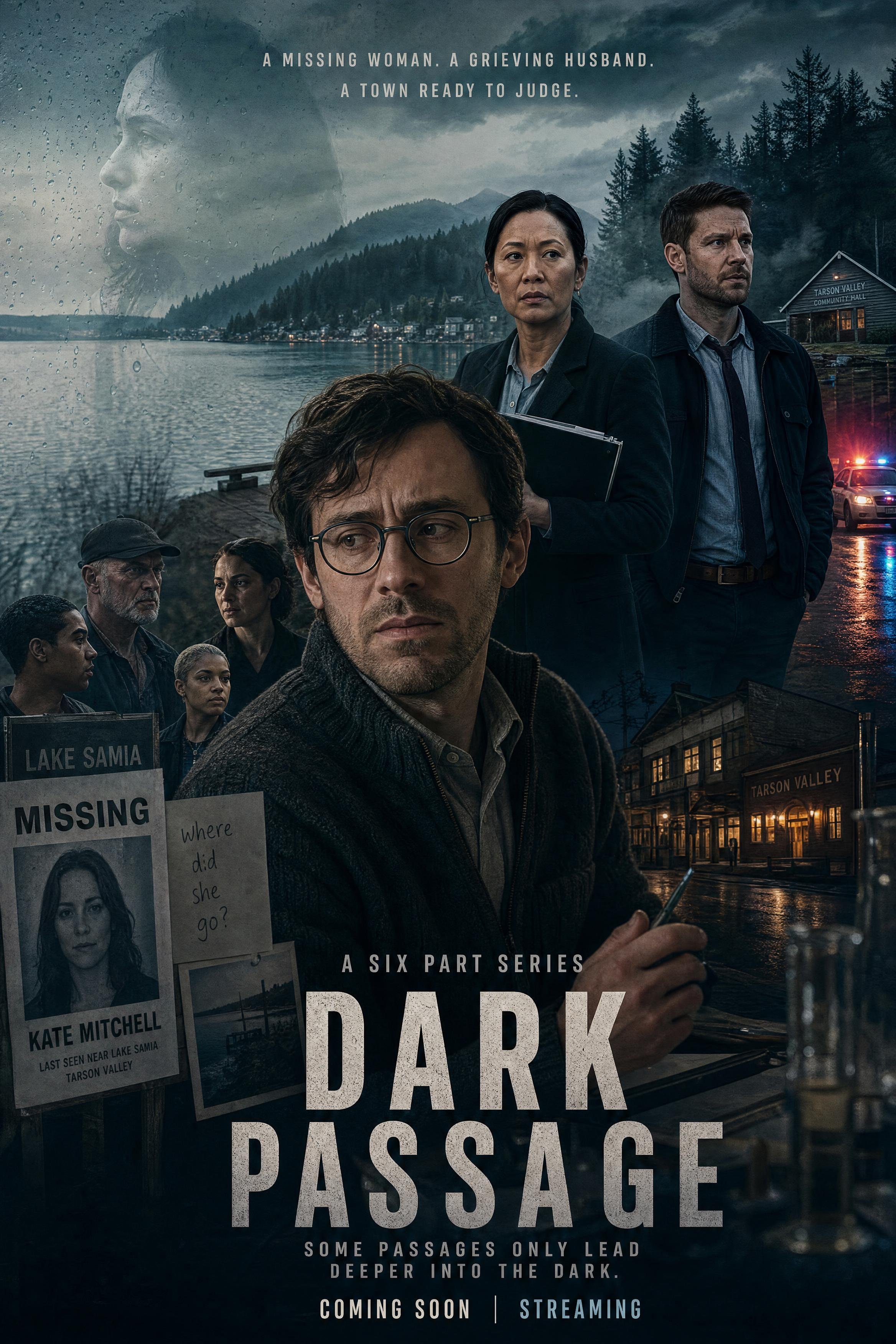 Poster for the series 'Dark Passage,' featuring a landscape with water and trees, a house, and various characters with serious expressions. The poster includes text about a missing woman, her grieving husband, and a town ready to judge, with a tagline about passages leading deeper into darkness. It indicates the series is coming soon and will be available for streaming.