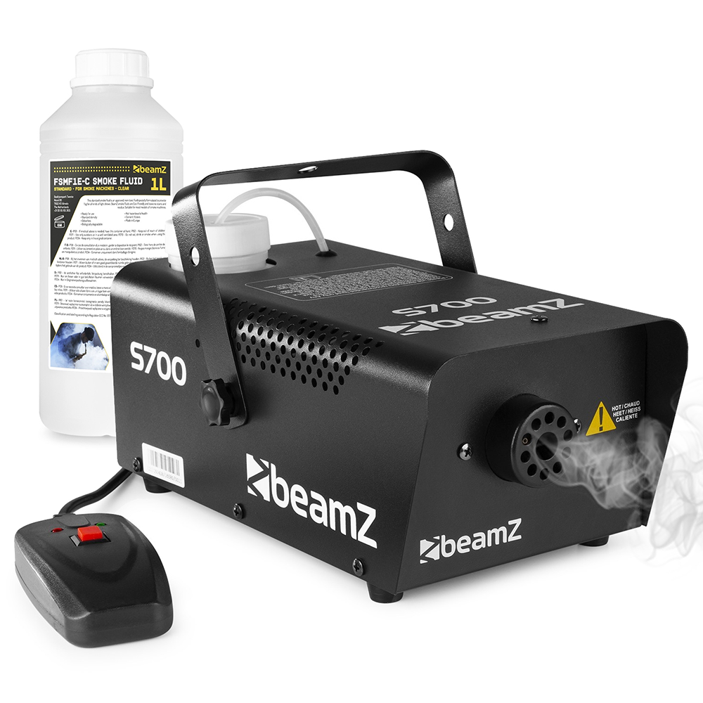 Black smoke machine labeled 'beamZ S700' with a bottle of smoke fluid and a connected remote control.