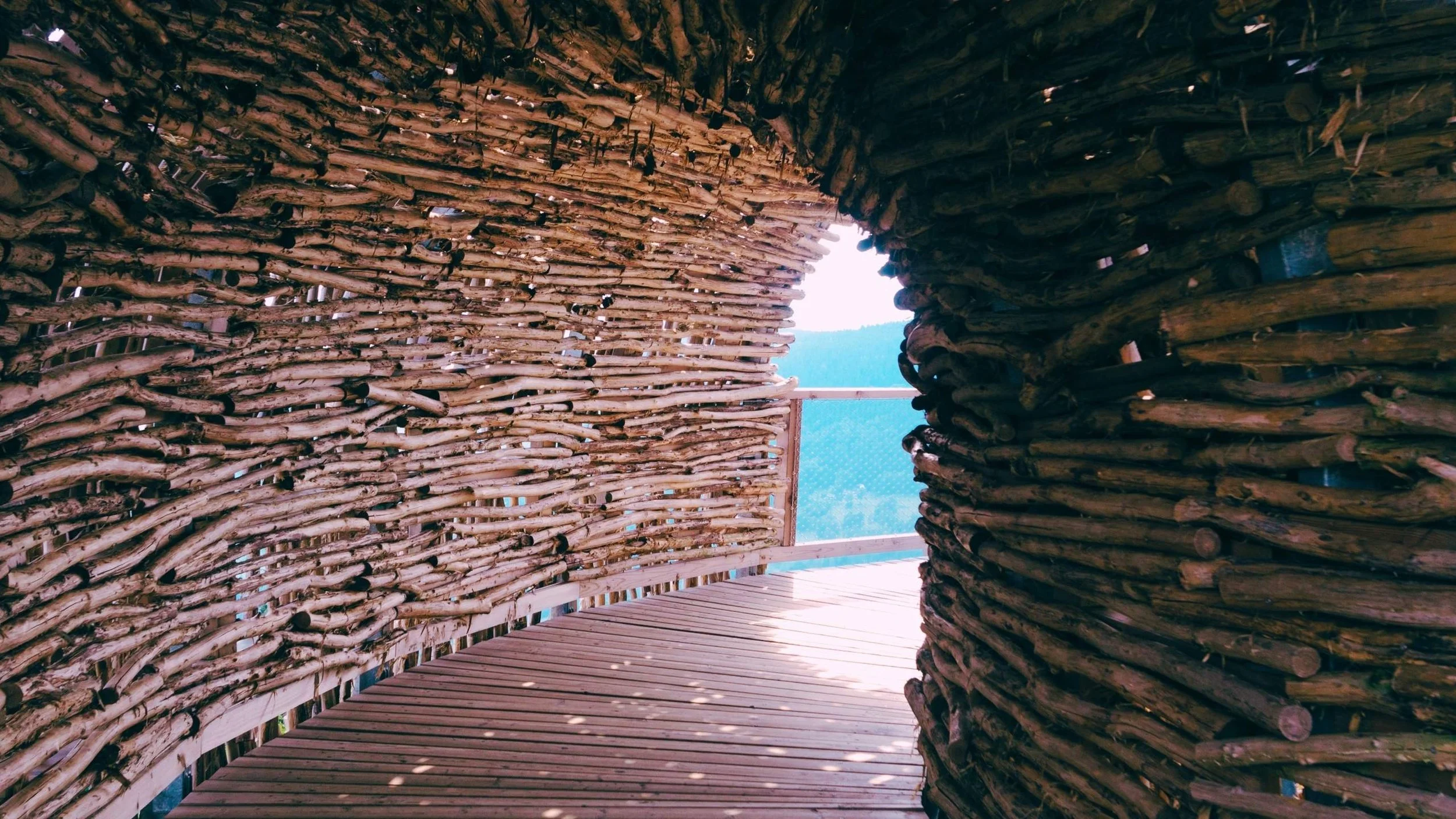 Sustainable architecture wooden bridge over mountains