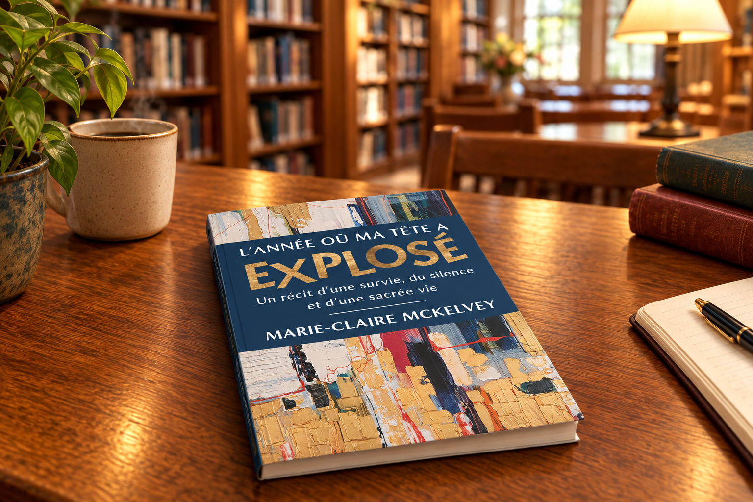 Mon livre L'année où ma tête a explosé reposant sur une table dans une librairie chaleureuse.