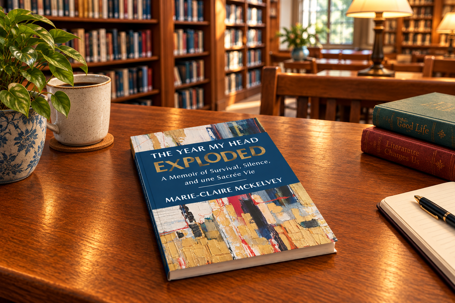 My book The Year My Head Exploded sitting on a desk in a warm library.