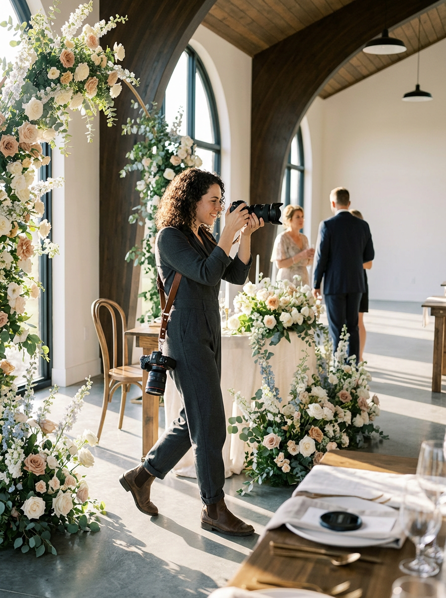 A woman photographer taking a picture at a wedding ceremony with floral arrangements, arch, and guests in the background.