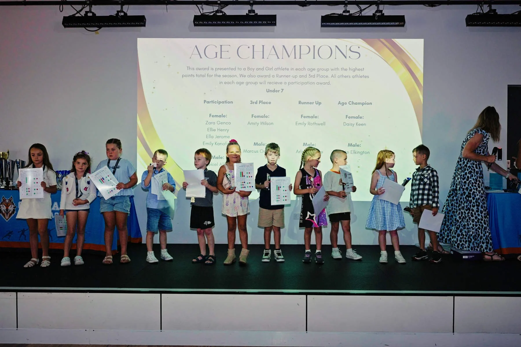 Children on stage receiving awards at youth sports award ceremony, with a large screen behind displaying age group and award categories.