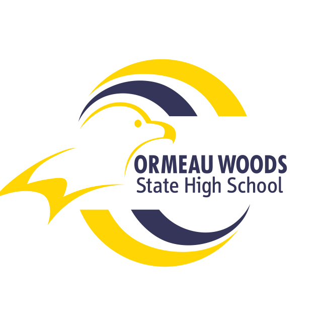 Logo for Ormeau Woods State High School featuring a stylized eagle head with yellow and navy elements and the school's name.