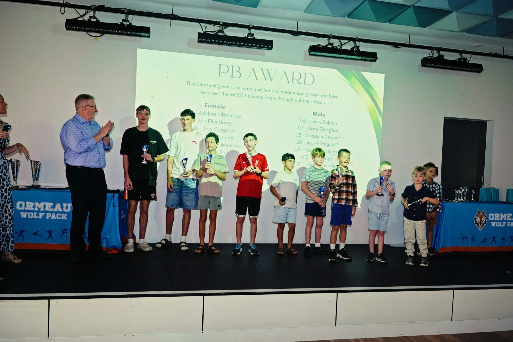 Group of children and adults on stage at an award ceremony with a large screen displaying 'PB AWARD' and a list of recipients.