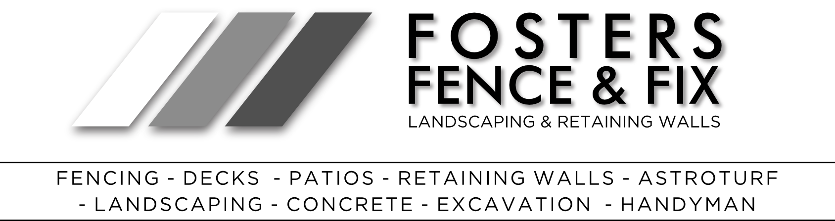 Logo for Fosters Fence & Fix featuring a graphic of four parallel fencing planks in shades of gray and black text.