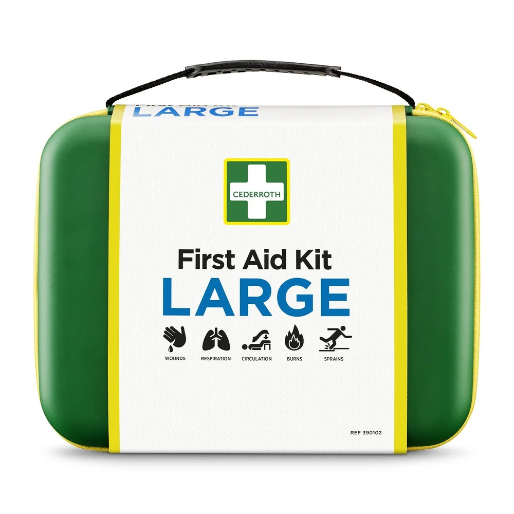 Ensiapakkauksen etupuoli, vihreä ja valkoinen, tekstit 'First Aid Kit LARGE', ja kuvakkeet haavoille, hengitykselle, verenkierron, palovammoille ja venähdyksille.