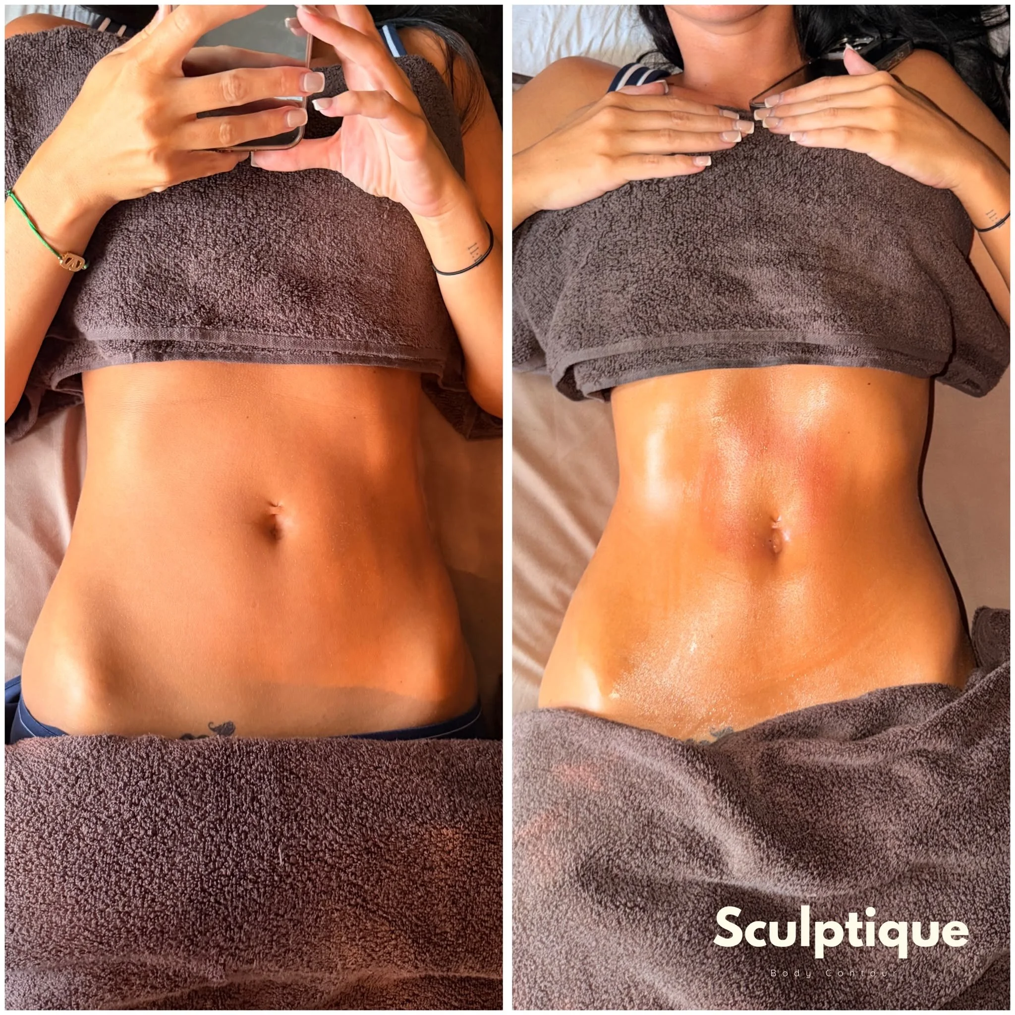 Close-up of a woman's torso lying on a brown towel, showing her midsection and belly button. The woman's chest is partially visible, wearing a gray top, with her hands holding a phone. The bottom right portion of the image contains partially visible text reading 'Sculptique' and 'Body Contour'.