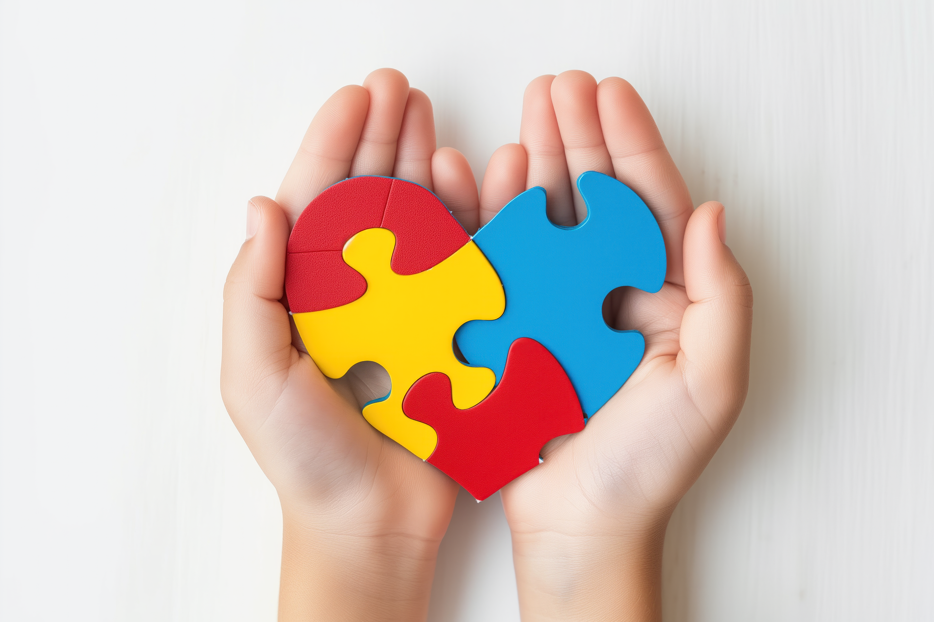 Two hands holding colorful puzzle pieces forming a heart shape, symbolizing autism awareness.