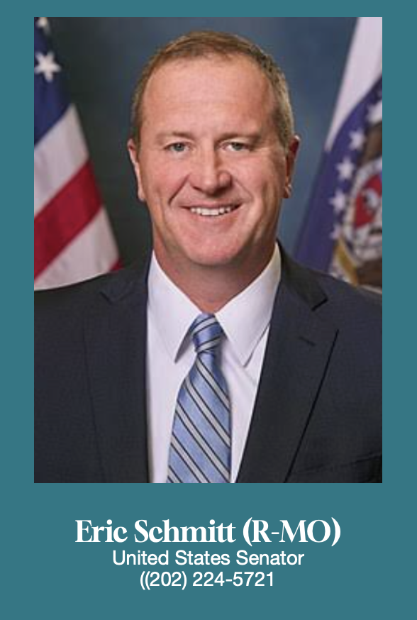 A professional portrait of Eric Schmitt, a United States Senator from Missouri, smiling in front of American flags.