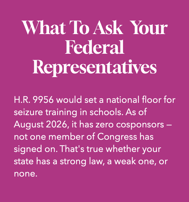 Pink graphic with white text discussing a bill about seizure training in schools, mentioning that as of August 2026, there are no cosponsors from Congress.