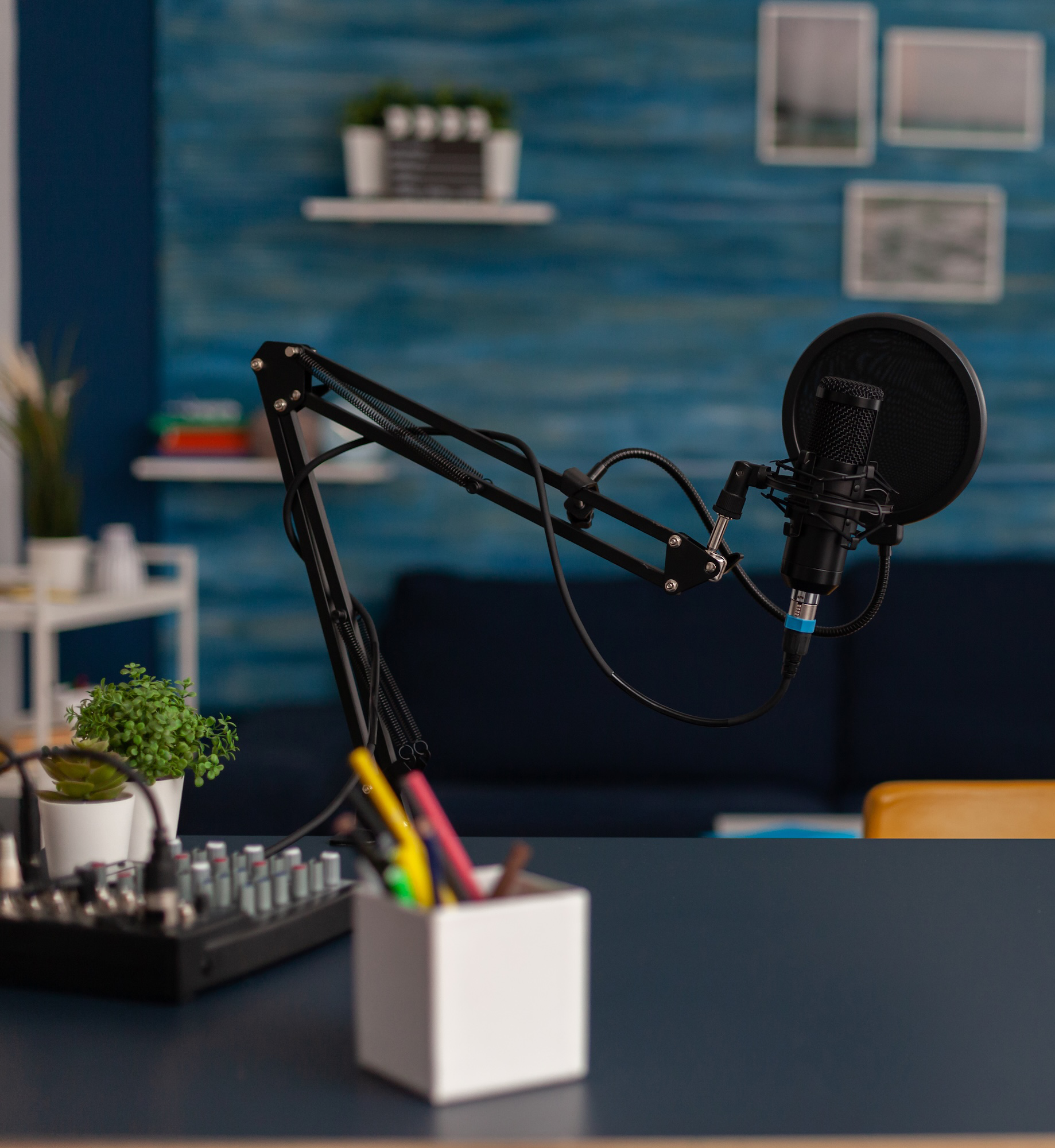 Recording studio with microphone on a stand, audio mixer, green potted plants, and framed pictures on a blue wall in the background.