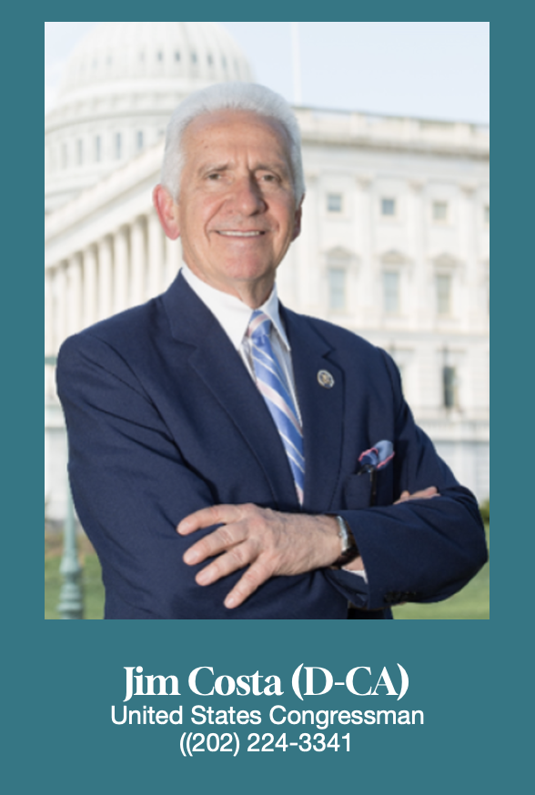 Portrait of Jim Costa, a U.S. Congressman from California, standing outside the Capitol building with a blue background and contact information.