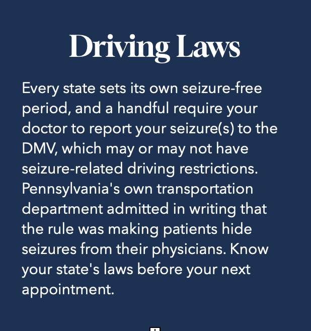 Information about driving laws, seizure-free periods, and reporting requirements for seizures in Pennsylvania.