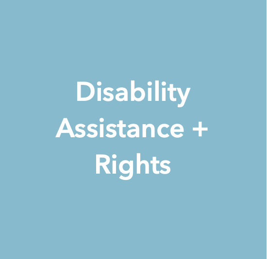 Light blue background with white text reading 'Disability Assistance + Rights'.