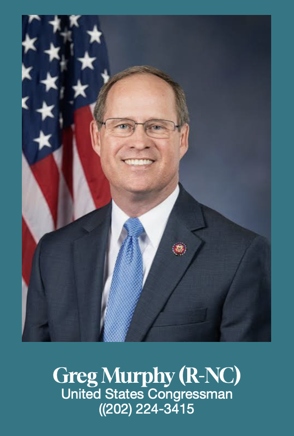 Photograph of Greg Murphy, an American man with short hair, glasses, wearing a dark suit, white shirt, and light blue tie, standing in front of an American flag, smiling. Below the photo, text reads 'Greg Murphy (R-NC), United States Congressman, (20