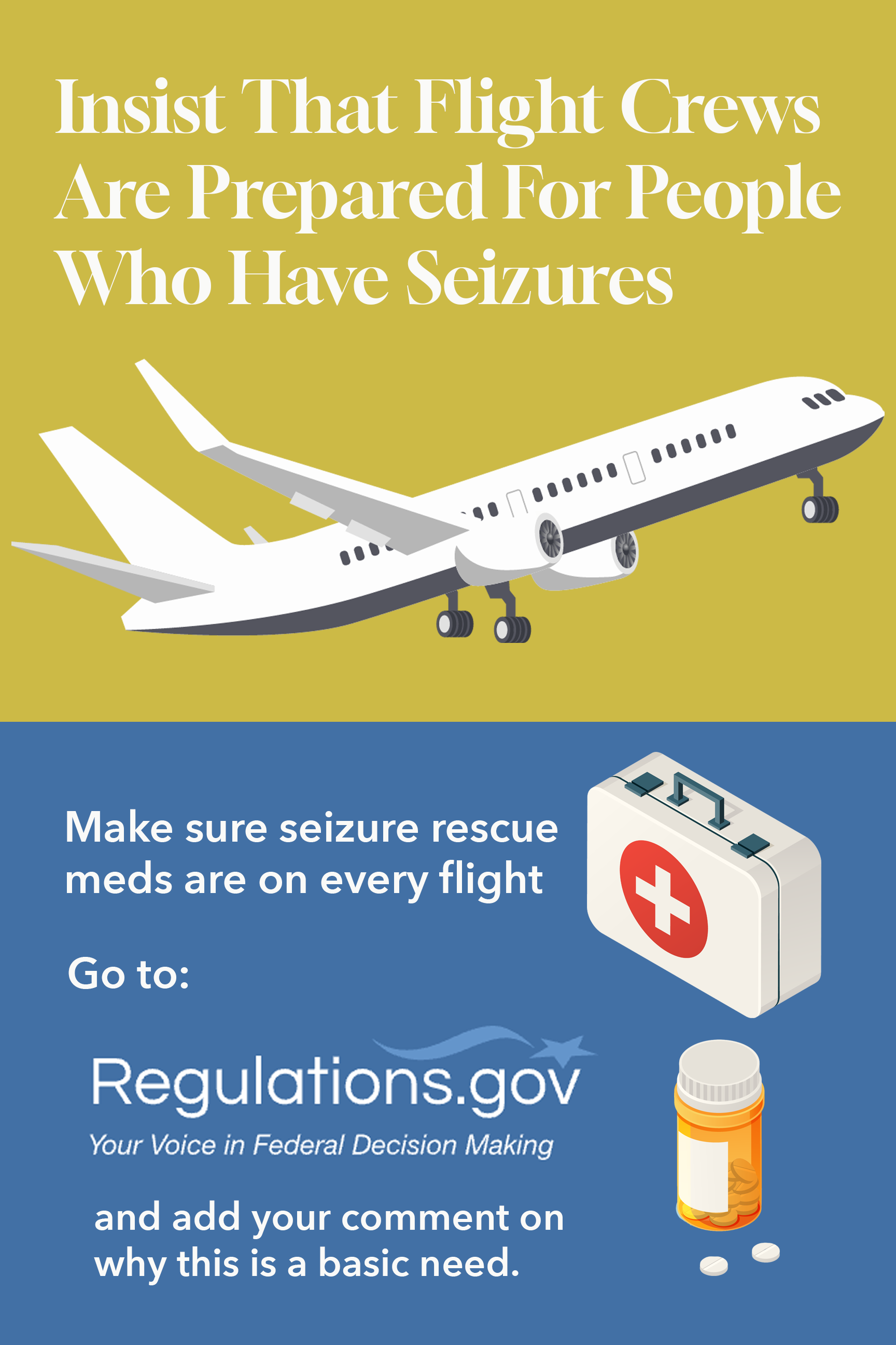 An illustration of a commercial airplane flying against a yellow background with bold white text emphasizing the importance of flight crew preparedness for seizures, and guidance on emergency medication and reporting to regulations.gov.