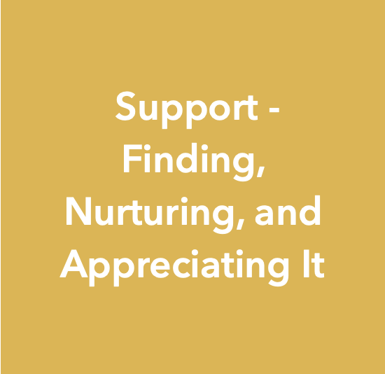 The image features a mustard yellow background with white text that reads, 'Support - Finding, Nurturing, and Appreciating It.'