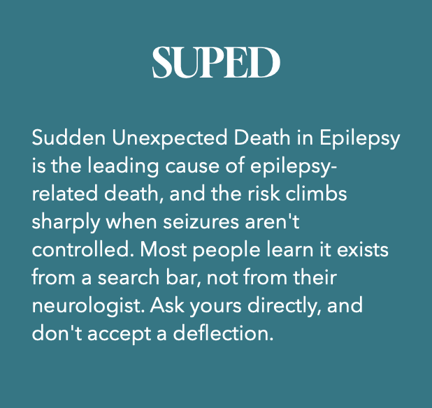 Informational card about epilepsy and sudden death, warning about risks during seizures and advising to consult a neurologist.