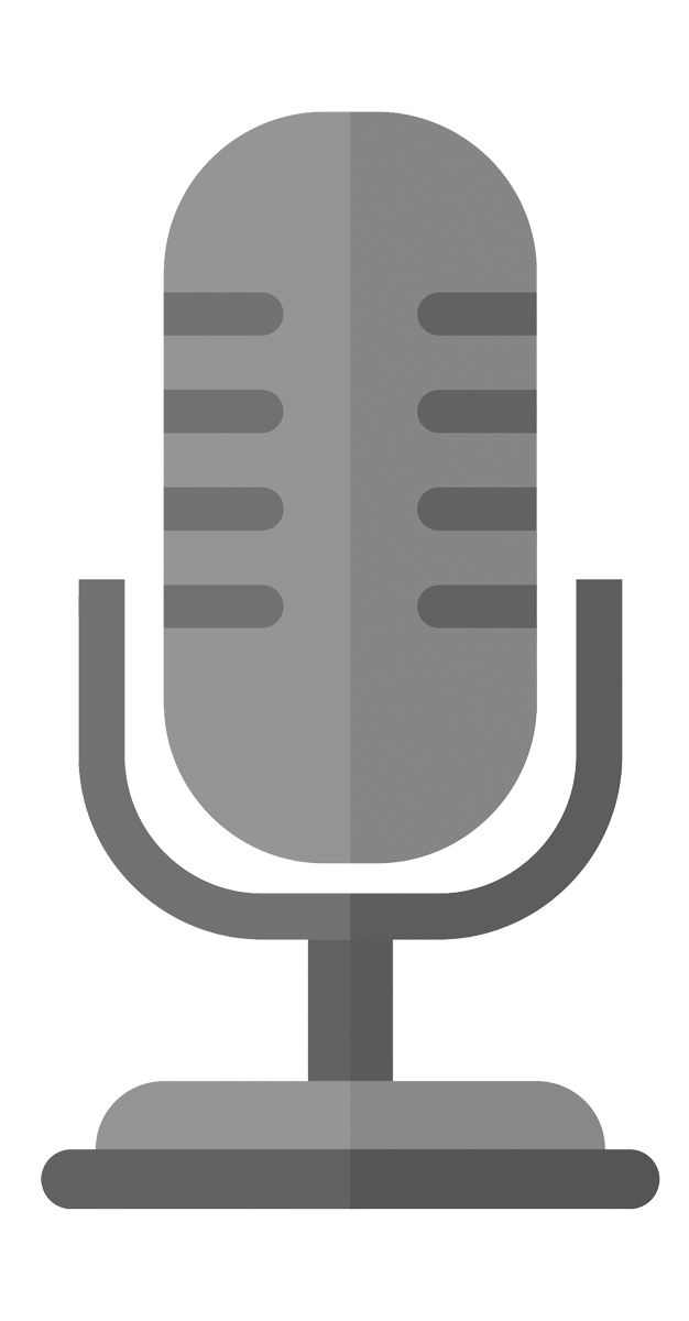 Gray retro-style microphone icon with a rounded top and horizontal lines, mounted on a stand.