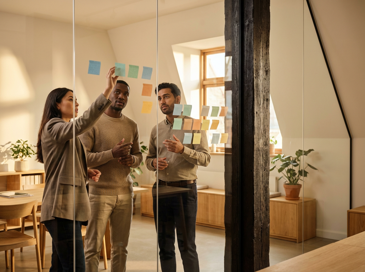 Three people collaborating on a project with sticky notes on a glass wall in a well-lit office with large windows and wooden furniture.