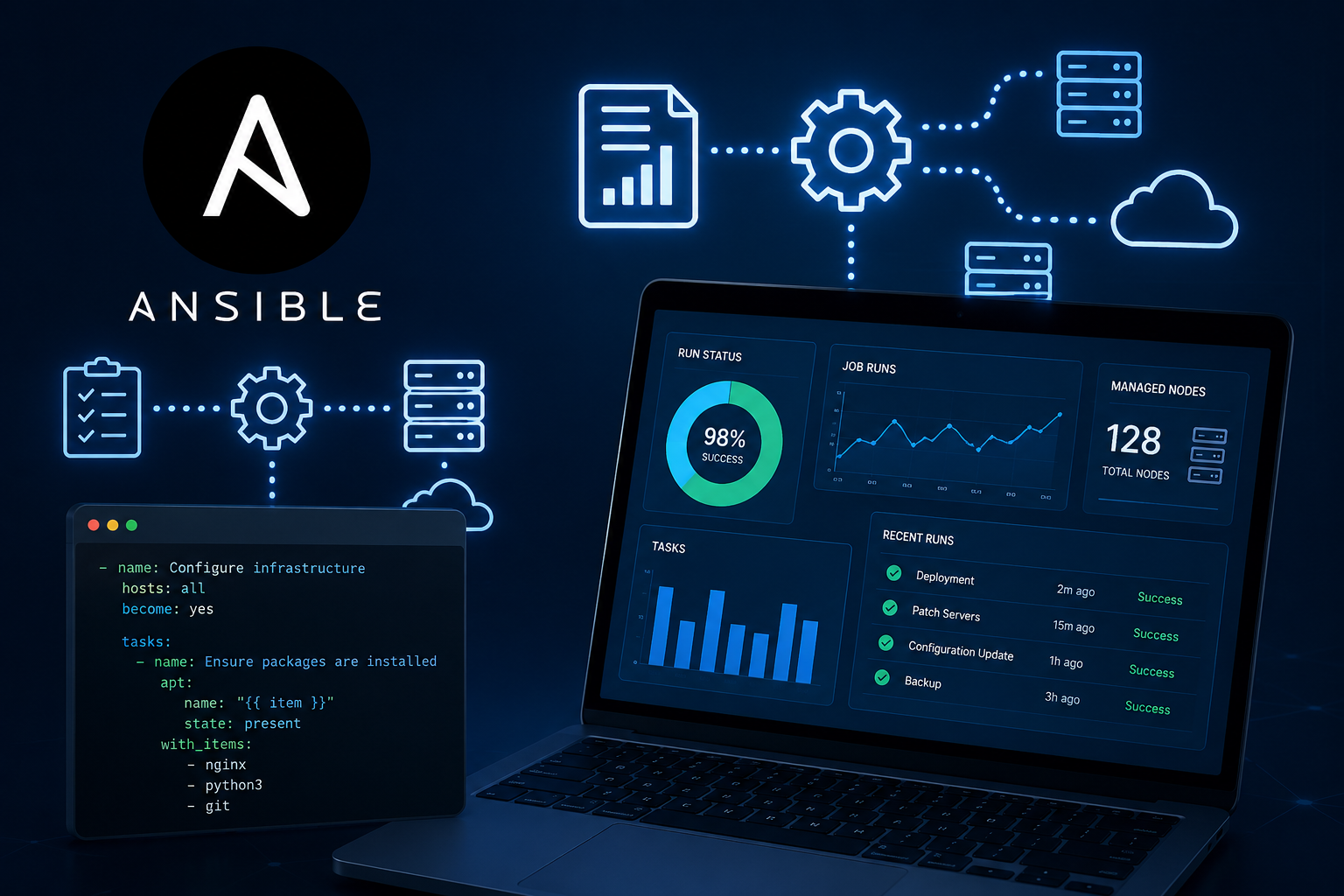 Digital illustration of Ansible automation software interface on a laptop screen, with a background of interconnected cloud and server icons, and a separate code window displaying a configuration script.