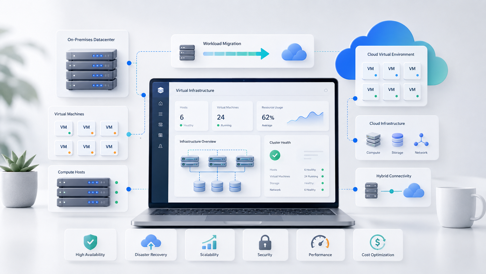 Diagram of a hybrid cloud computing infrastructure illustrating on-premises datacenter, virtual machines, compute hosts, cloud environment, and network connectivity, with icons representing cloud, compute, storage, and security.