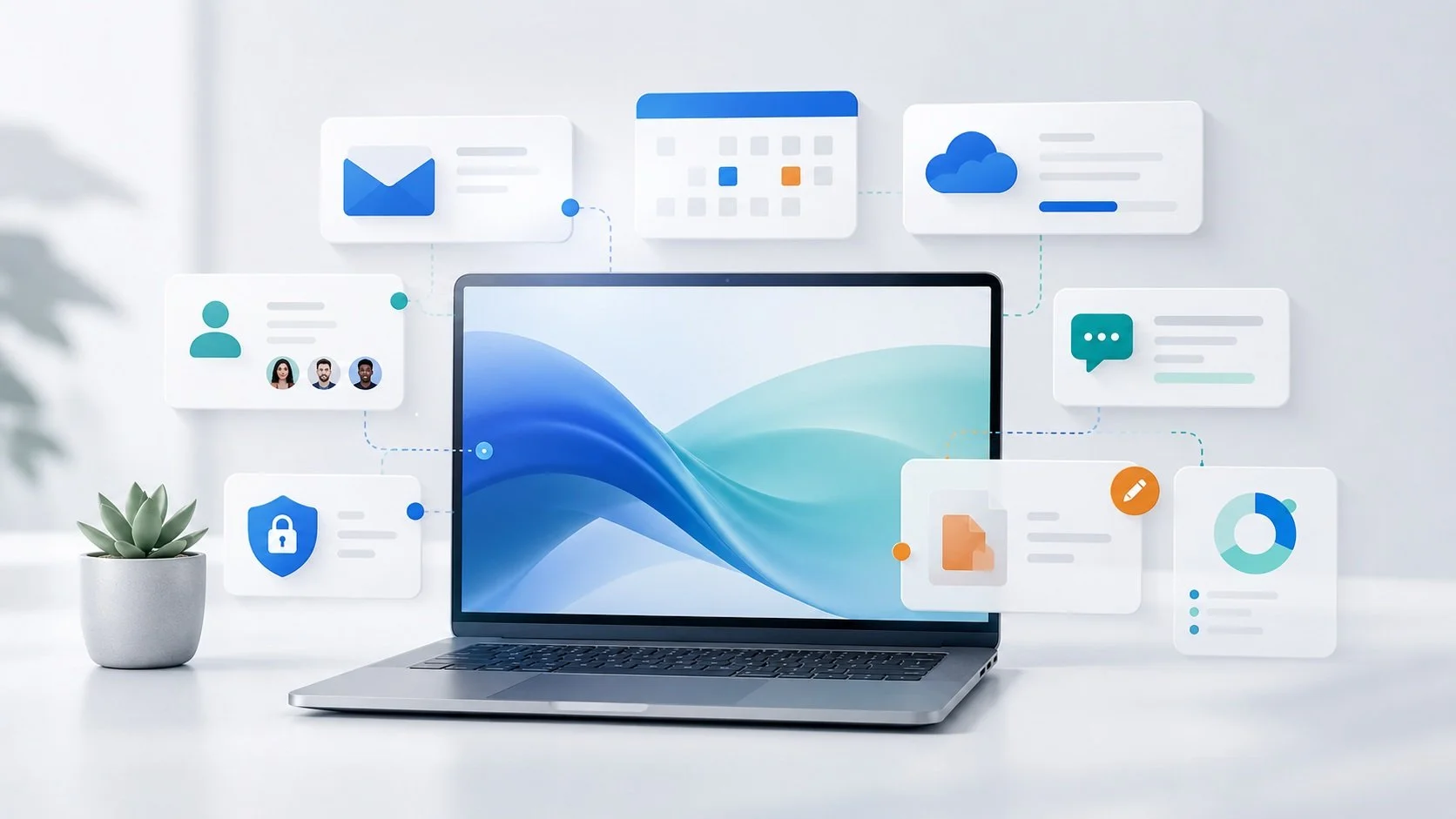 A laptop on a white desk surrounded by floating digital icons representing email, calendar, cloud storage, contacts, messaging, security, documents, and analytics, with a small potted succulent plant on the left.