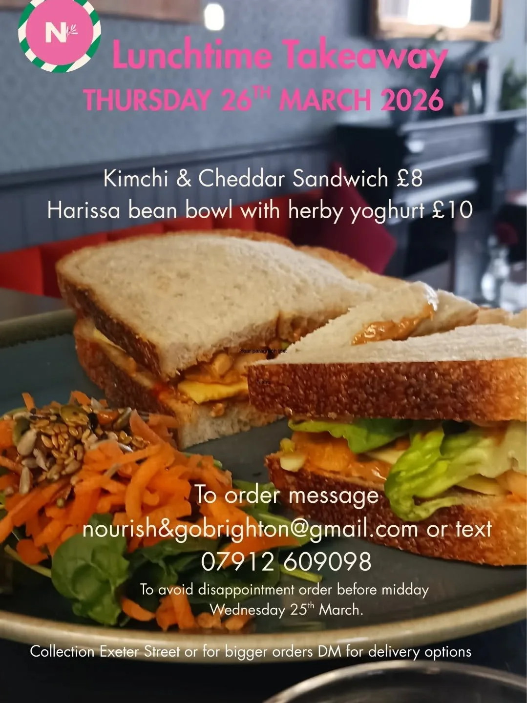 If you're in Brighton and Hove and want a delicious homemade lunch next Thursday 26th March -  DM us to order. Collection from our kitchen in Port Hall or if you are in the office and want to organise a group delivery we can deliver.

#takeawaylunch