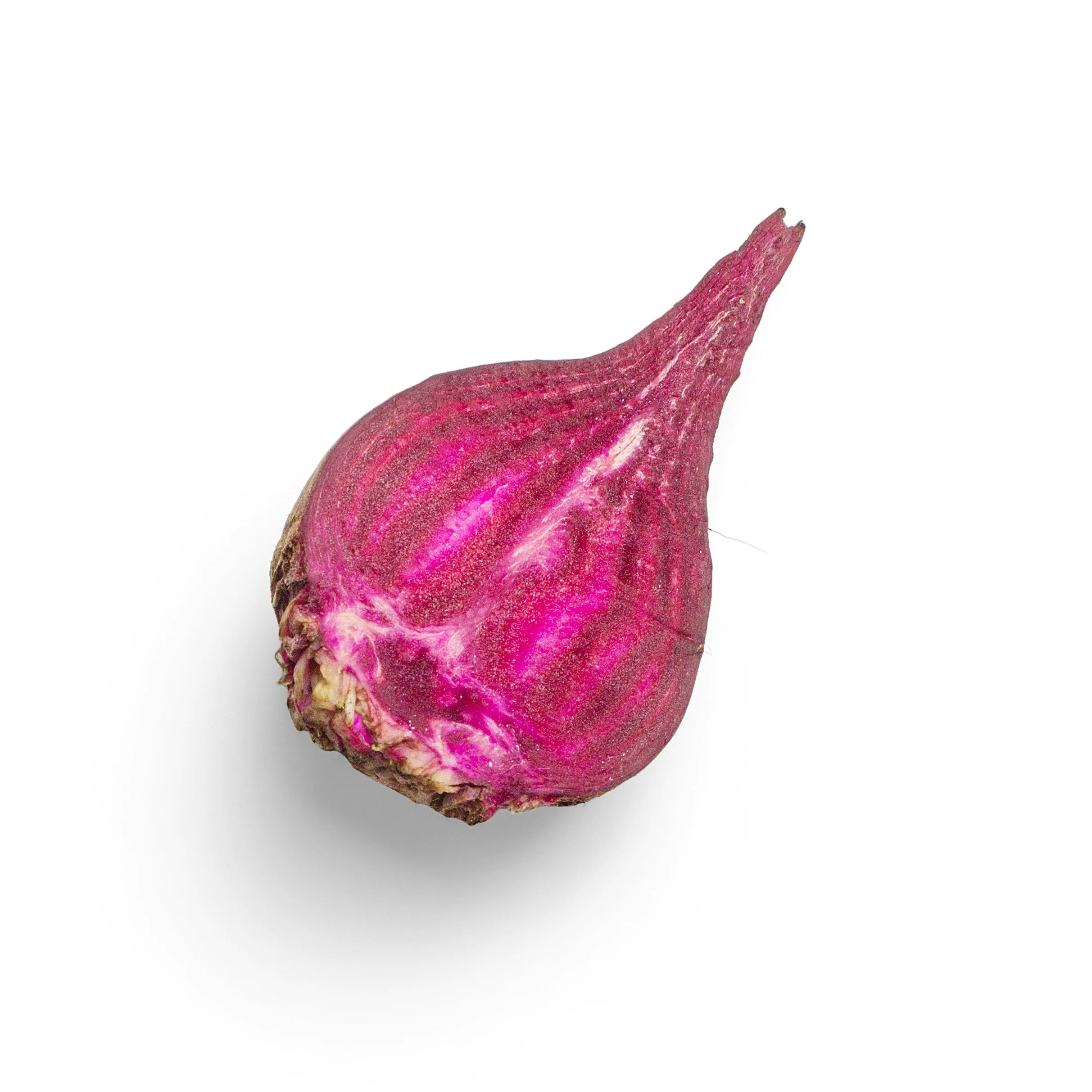 Close-up of a vibrant pink sweet potato with rough textured skin, placed on a white background.