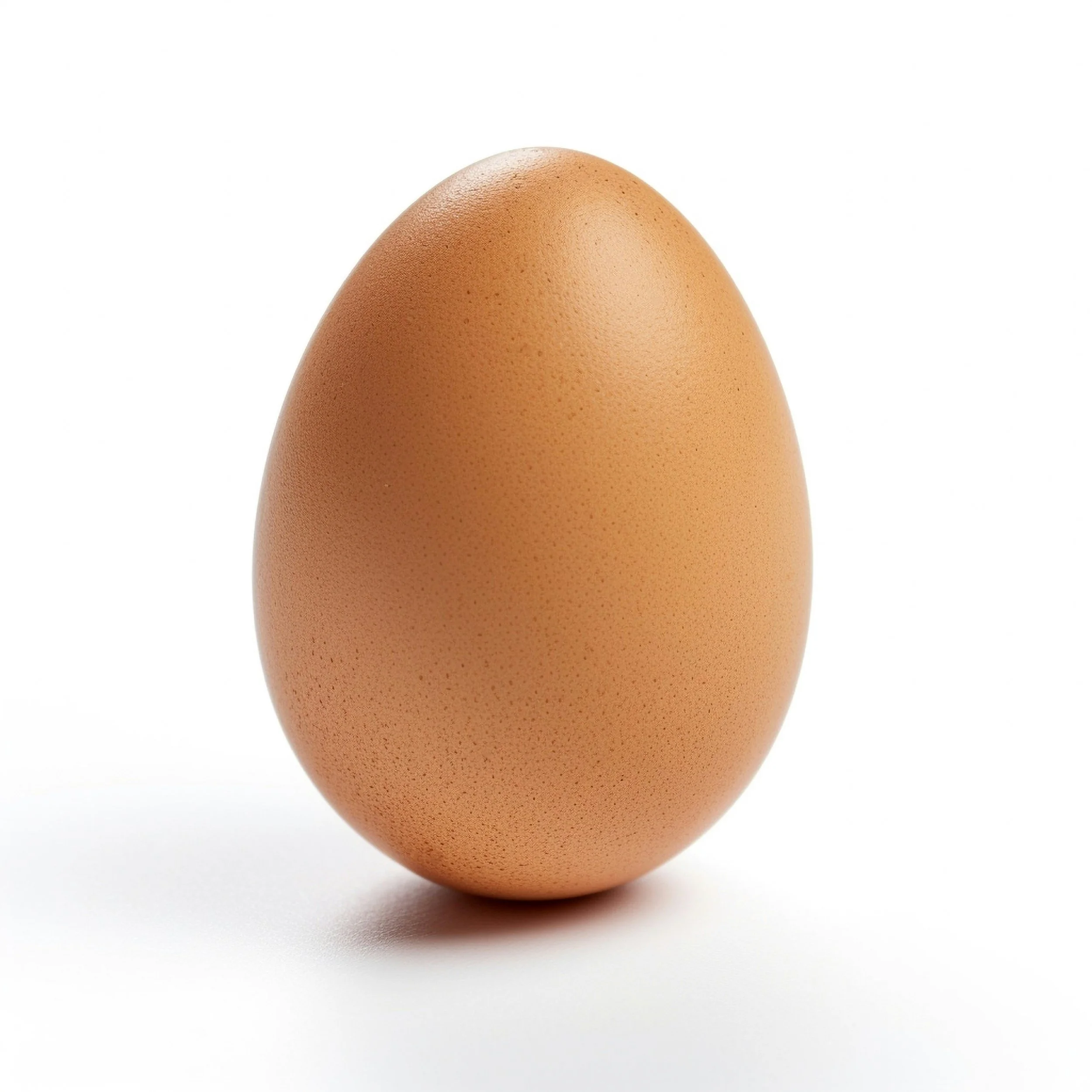 A close-up of a brown chicken egg on a white surface with a plain white background.