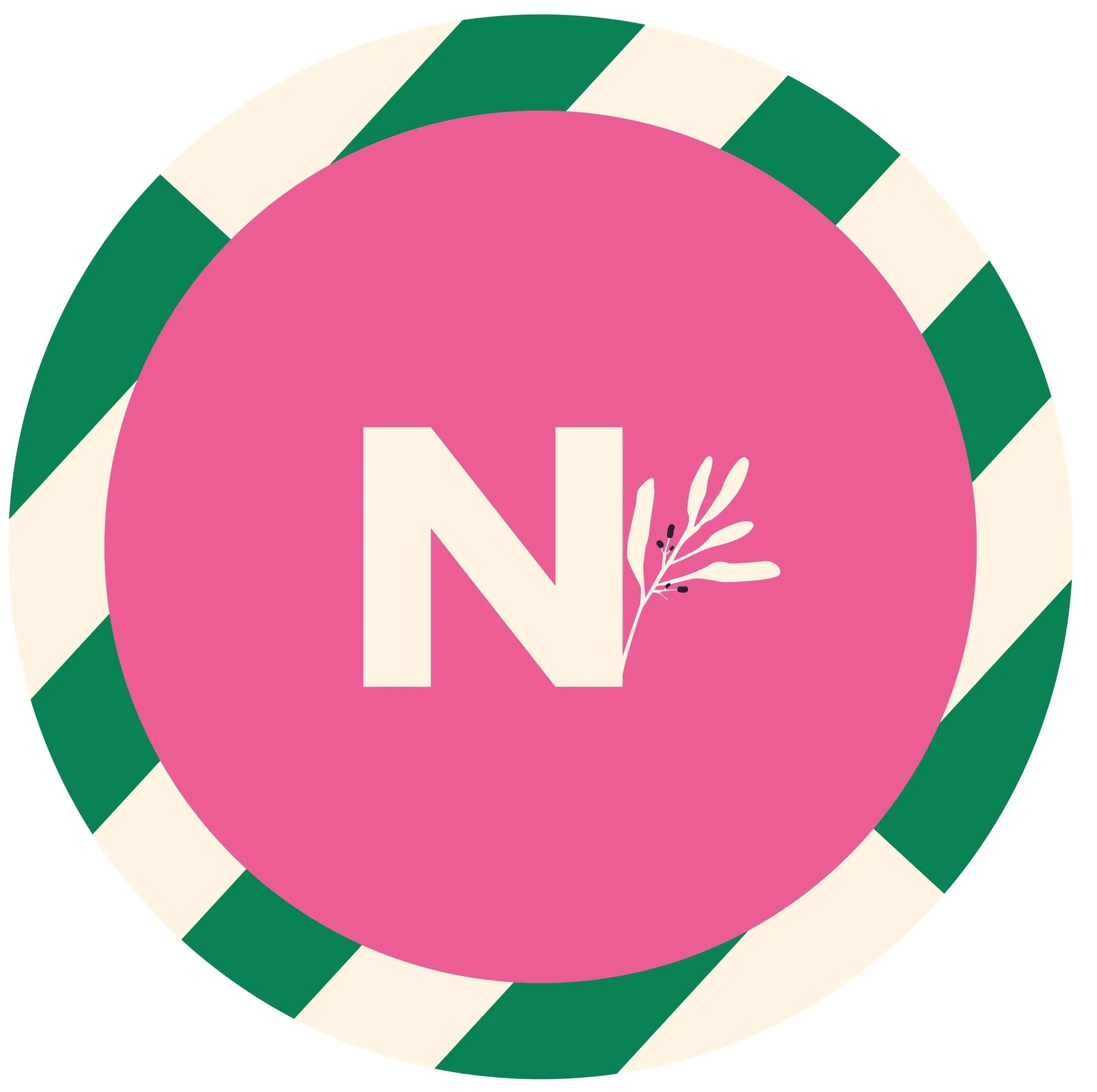 A circular graphic with a large pink section in the center and a pattern of green and off-white segments around the edge. This is one of Nourish&GoBrighton logos