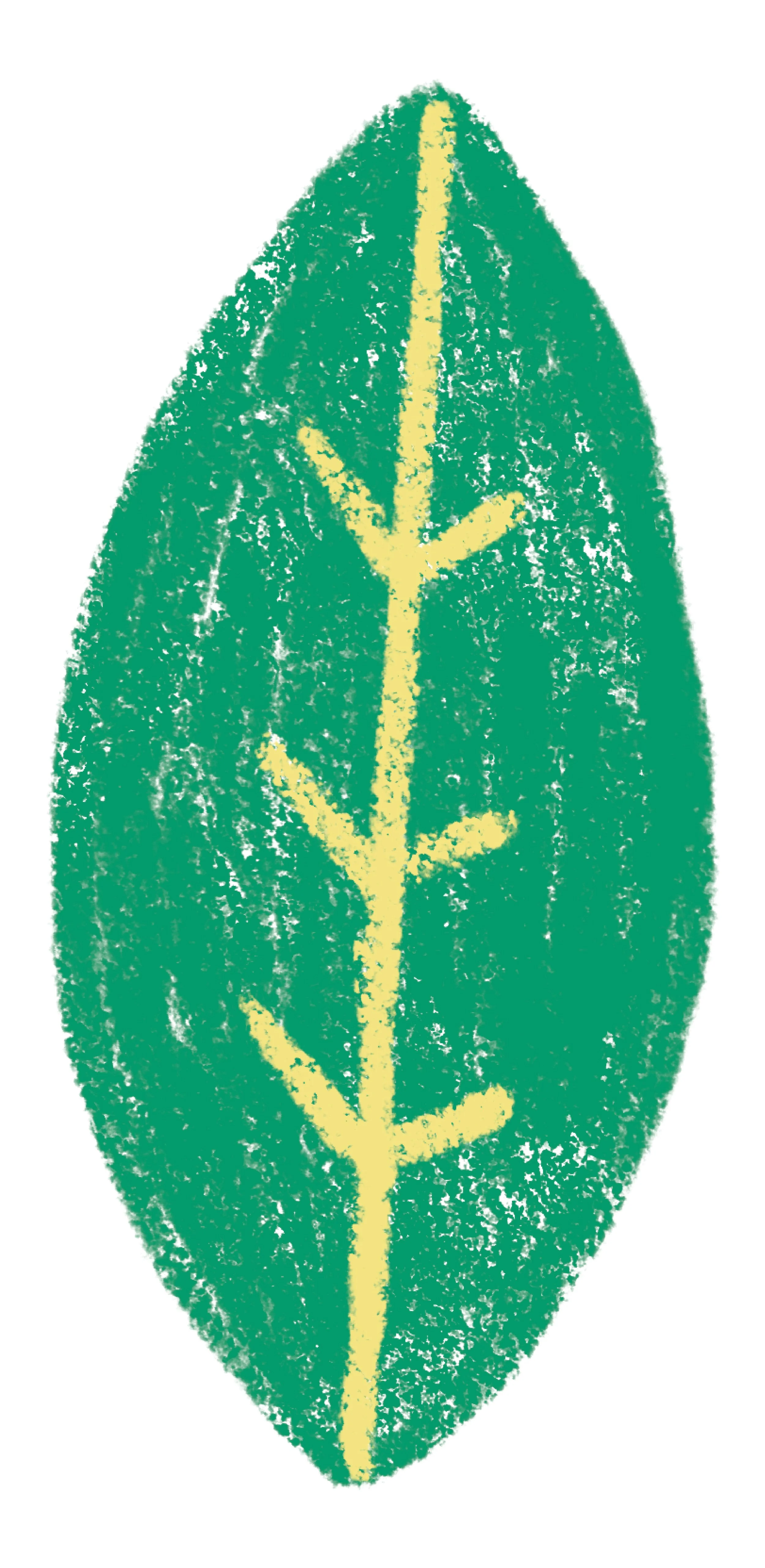 A stylized green leaf with a yellow vein pattern resembling a tree or a plant.