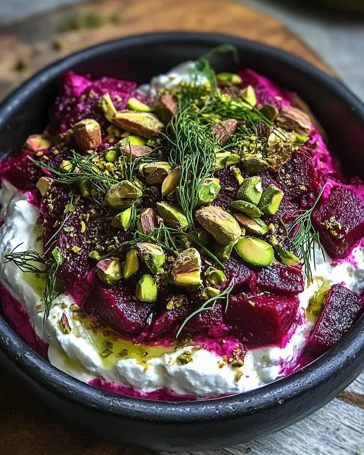 A bowl of roasted beet salad topped with chopped pistachios and fresh herbs, served over a creamy base with olive oil.
