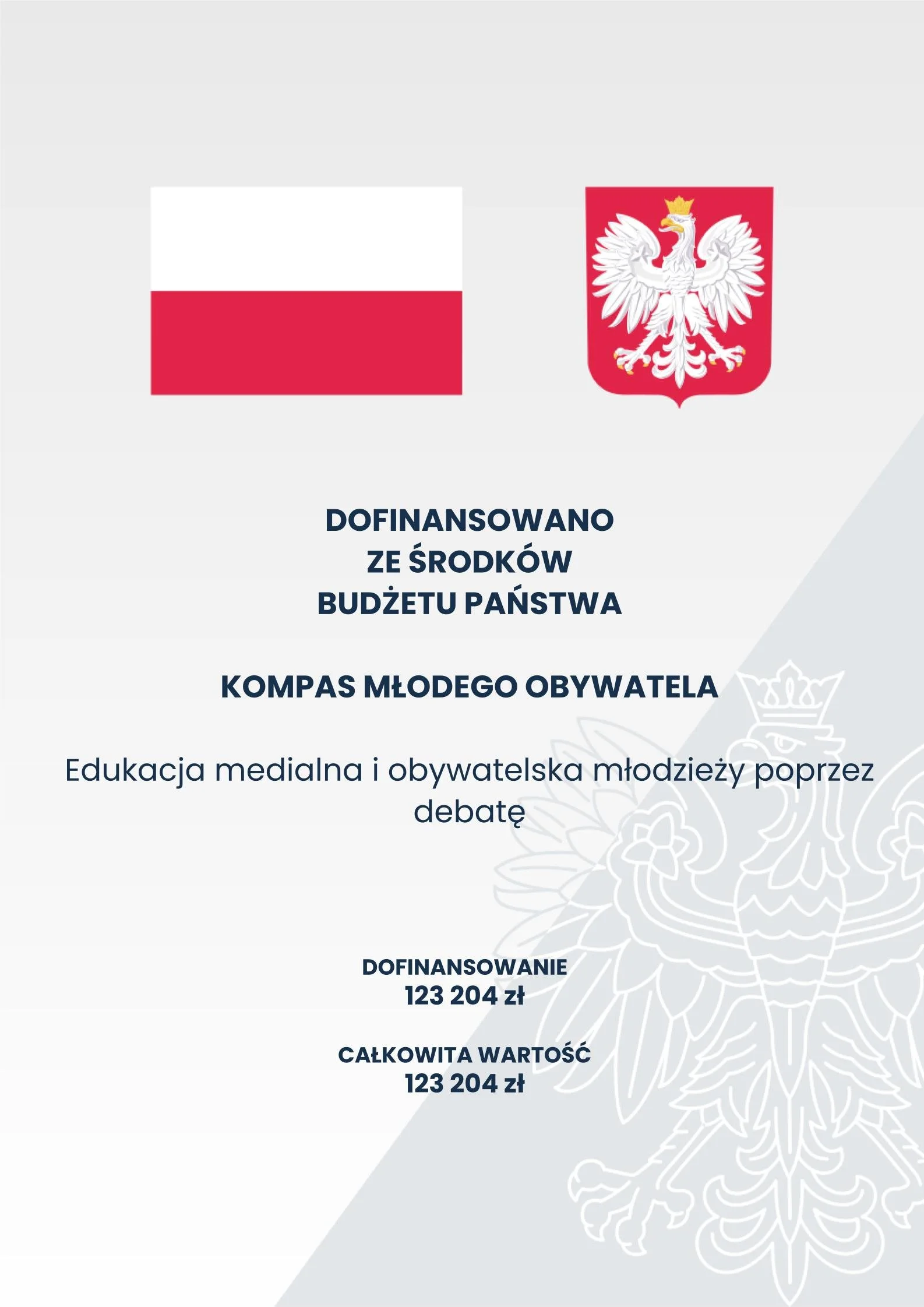 A document in Polish featuring the Polish flag and the coat of arms of Poland on a light gray background. Text indicates funding from the state budget for a project called 'Young Citizen's Compass' focused on media and civic education for youth, with financial details and total value.