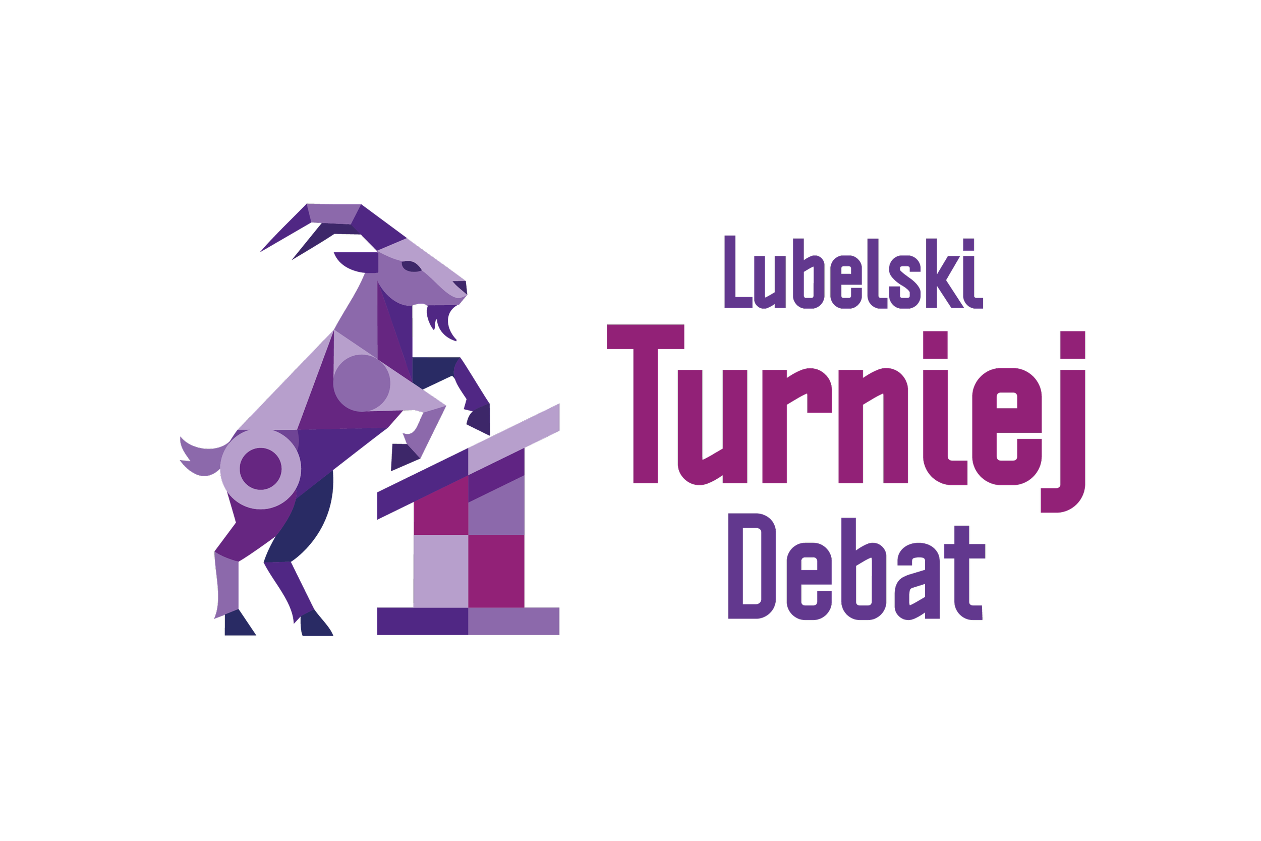 A stylized low-poly purple mountain goat with curved horns standing next to a tall, rectangular purple and pink sign that reads 'Lublin Tunnel Dehat' in large letters, against a black background.